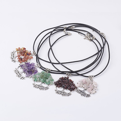 Alloy Pendant Necklaces, with Natural Gemstone Chip Beads, Cowhide Leather Cord and Brass Lobster Clasps, Tree of Life