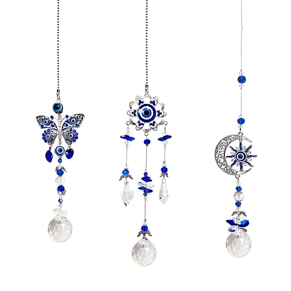 Blue Evil Eye Glass Pendant Decorations, Hanging Suncatchers, with Metal Link, for Garden Decorations