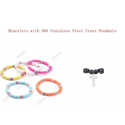 Polymer Clay Beads Stretch Bracelets, with 304 Stainless Steel Cross Pendants