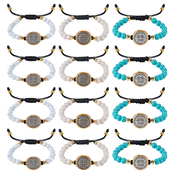 12шт. 3 цвета браслеты из сплава, Браслеты из плетеных бусин с круглыми бусинами из искусственной бирюзы для мужчин и женщин, плоские круглые с святым Бенедиктом