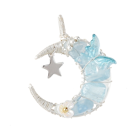 Natural Stone Round Chip Wire Wrapped Pendants, Moon Charms with Acrylic Butterfly, Silver Color Plated
