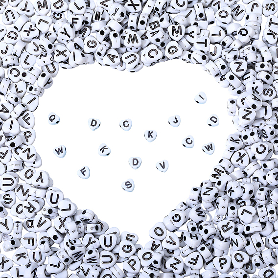 1000 непрозрачные акриловые бусины, сердце, белый и черный