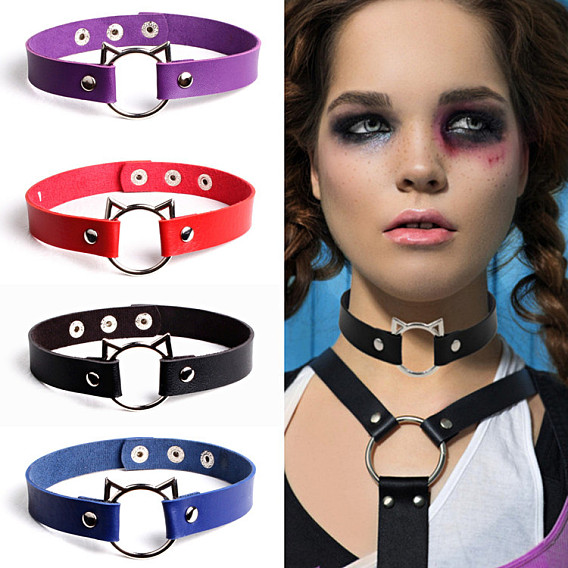Cute Cat Head PU Leather Collar for Punk Fashion Street Style with Lock and Clavicle Chain Jewelry