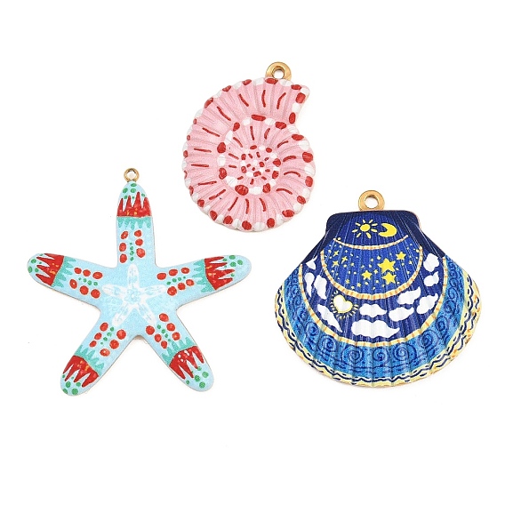 Printed 304 Stainless Steel Pendants, Shell Shape/Starfish Charms, Mixed Color
