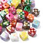 UV Plating Opaque Acrylic European Beads, Cube with Tartan Pattern, Large Hole Bead