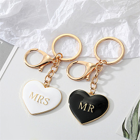 Minimalist Alloy Black and White Heart Keychain with MrMrs Oil Lettering for Bag Decoration