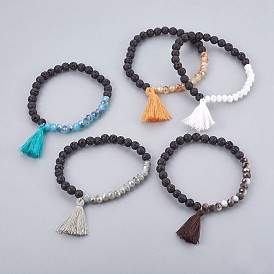 Cotton Thread Tassels Charm Bracelets, with Electroplate Glass & Natural Lava Rock