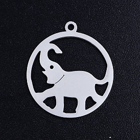 201 Stainless Steel Pendants, Circle with Elephant