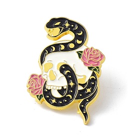 Snake with Flower Black Art Cool Enamel Pin, Alloy Enamel Brooch for Backpacks Clothes, Golden