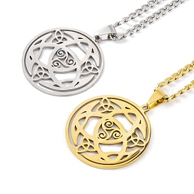 304 Stainless Steel Enamel Necklaces, Flat Round with Trinity Knot Pendant Necklaces