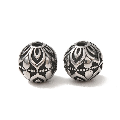 304 Stainless Steel Beads, Round with Lotus Pattern