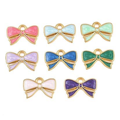 304 Stainless Steel Enamel Pendants, Bowknot Charms, Ion Plating(IP), Real 18K Gold Plated