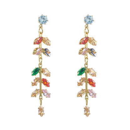 Fashionable Long Leaf-shaped Earrings with Colorful Zirconia and Gold Plating