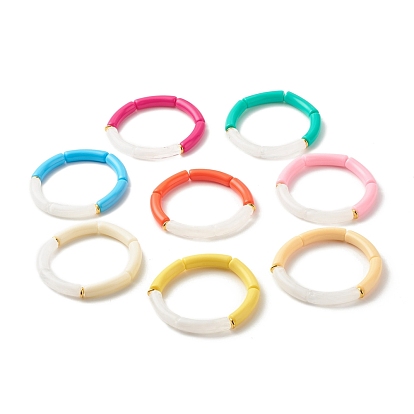 Acrylic Tube Beaded Stretch Bracelets, with Brass Beads
