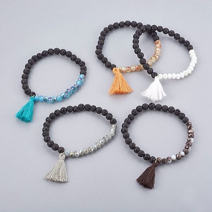 Cotton Thread Tassels Charm Bracelets, with Electroplate Glass & Natural Lava Rock