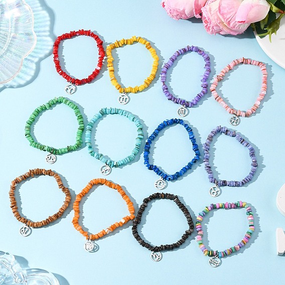 12 шт. 12 стили созвездие не тускнеют 304 браслеты с подвесками из нержавеющей стали, Браслеты из натуральных пресноводных ракушек, эластичные, для мужчин и женщин