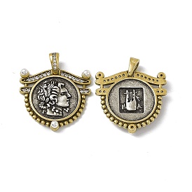 Rack Plating Brass Micro Pave Clear Cubic Zirconia Pendants, with ABS Imitation Pearl, Cadmium Free & Lead Free & Nickle Free, Shield with Greece Coin Charm
