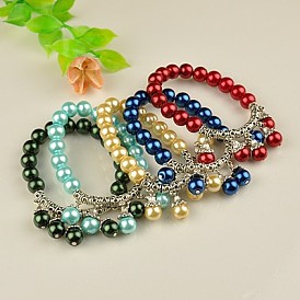 Bracelets de charme carnaval de style bijoux tibétain, bracelets élastiques, avec perles nacrées en verre, 55mm