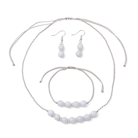 Комплект из ожерелья, браслета и сережек с имитацией аквамарина и круглого натурального халцедона, с нейлоновой нитью, Латунные крючки для сережек