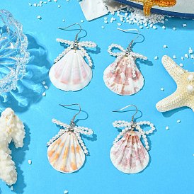Серьги-подвески из натуральной раковины морского гребешка, бантом, с круглыми бусинами из перламутра и 316 крючками для сережек из хирургической нержавеющей стали для женщин