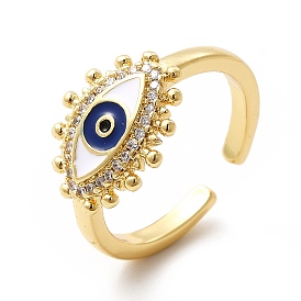 Enamel Evil Eye Open Cuff Ring with Cubic Zirconia, Brass Jewelry for Women