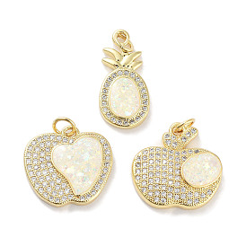 Brass Micro Pave Clear Cubic Zirconia Pendants, with Synthetic Opal and Jump Rings, Real 18K Gold Plated, Fruit Charms