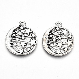 Pendentifs en alliage de style tibétain, sans plomb et sans cadmium, Plat rond avec lune et étoile