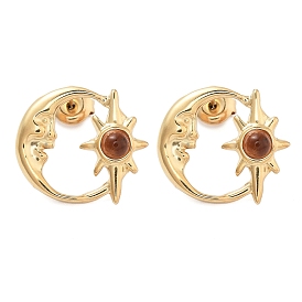 304 Stainless Steel Moon Stud Earrings, with Natural Gemstone Beads