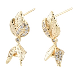 Brass Micro Pave Cubic Zirconia Stud Earring Finding, for Half Drilled Beads, Nickel Free, Leaf