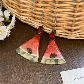 Resin Cute Fruit Watermelon Slice Dangle Earrings, Wood Bead & Alloy Earrings for Summer