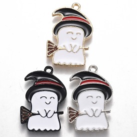 Halloween Theme Alloy Enamel Pendants, White Ghost with Black Witch Hat and Broom
