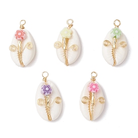 Подвески из натуральной медной проволоки из ракушек каури, с акриловым цветок, золотые