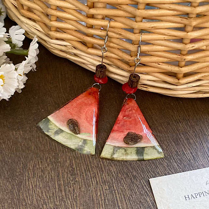 Resin Cute Fruit Watermelon Slice Dangle Earrings, Wood Bead & Alloy Earrings for Summer