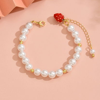 Браслеты из пластиковых бусин с имитацией жемчуга для женщин, круглые, с латунной эмалевой подвеской в виде клубники