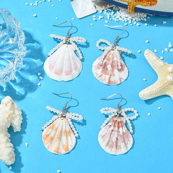 Серьги-подвески из натуральной раковины морского гребешка, бантом, с круглыми бусинами из перламутра и 316 крючками для сережек из хирургической нержавеющей стали для женщин