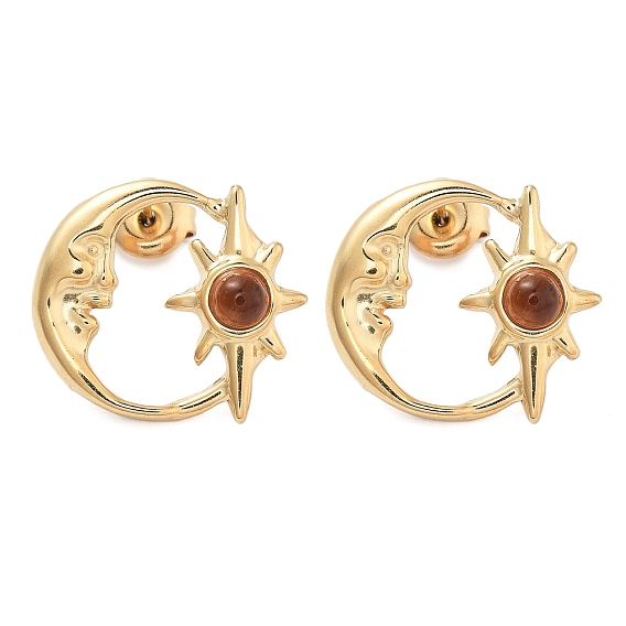 304 серьги-гвоздики в форме луны из нержавеющей стали, с природными драгоценный камень бисером