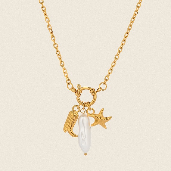 Ocean 304 Stainless Steel Boot Starfish Pendant Necklaces with Imitation Pearl, White