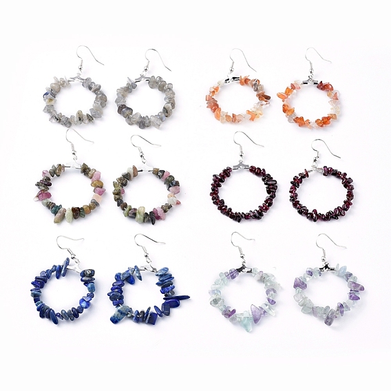 Gemstone Dangle Earrings, with Platinum Plated Brass Earring Hooks, Round Ring