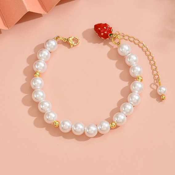 Браслеты из пластиковых бусин с имитацией жемчуга для женщин, круглые, с латунной эмалевой подвеской в виде клубники