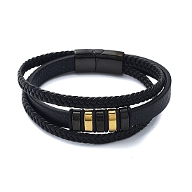 Men's Black PU Leather Cord Multi-Strand Bracelets, Rectangle 304 Stainless Steel Link Bracelets with Magnetic Clasps