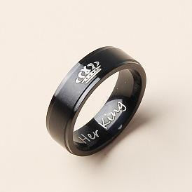 Stylish Stainless Steel Crown Ring Set for Couples with Black Lettering - Unique and Fashionable!