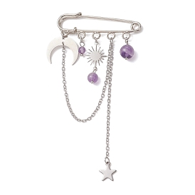 Броши-подвески из аметиста, латуни и нержавеющей стали, железа килт контакты, солнце и звезда и луна