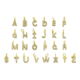 Letter Brass Micro Pave Clear Cubic Zirconia Pendants, Jump Ring, Real 18K Gold Plated