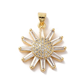 Rack Plating Brass Micro Pave Cubic Zirconia Pendants, Real 18K Gold Plated, Long-Lasting Plated, Lead Free & Cadmium Free, Flower