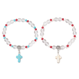 Браслеты с подвесками-крестиками из синтетической бирюзы, Браслеты из синтетического кварцевого кристалла и окрашенного натурального малайзийского нефрита для женщин