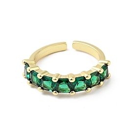 Green Cubic Zirconia Open Cuff Rings, Rack Plating Brass Jewelry for Women, Cadmium Free & Lead Free