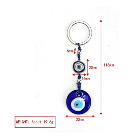 Flat Round with Evil Eye Glass Pendant Keychains, with Metal Finding, for Bag Car Key Decoration