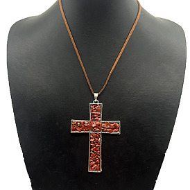 Eco-friendly Zinc Alloy & Natural Chip Stone Handmade Cross Pendant Cord Necklaces for Women Men, Platinum