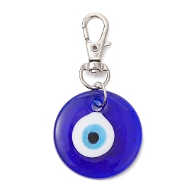 Handmade Lampwork Flat Round with Evil Eye Pendant Decorations, Alloy Swivel Lobster Claw Clasps Charm for Bag Ornaments