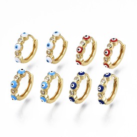 Clear Cubic Zirconia Evil Eye Huggie Hoop Earrings with Enamel, Brass Jewelry for Girl Women, Real 18K Gold Plated, Nickel Free